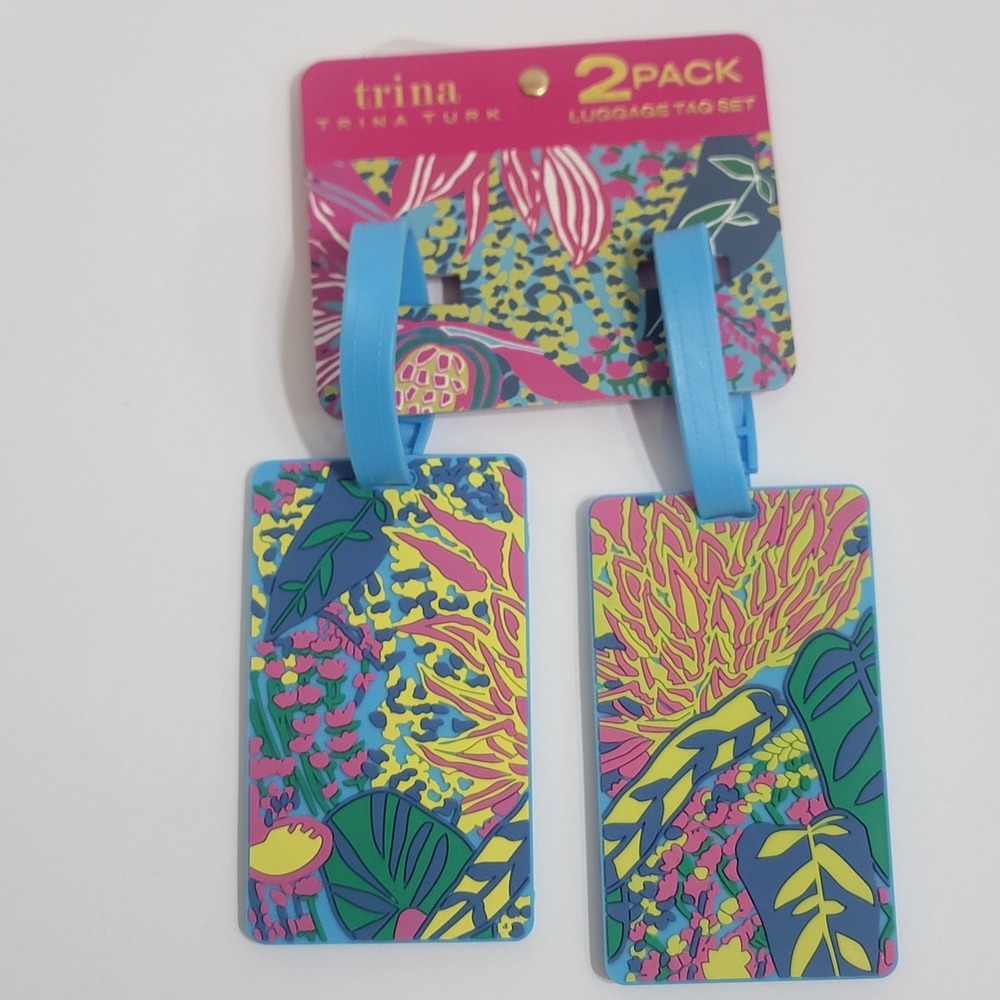 Trina Turk 2 Set Luggage Silicone Tags Tropical Floral Vibrant Jungle Leaves NEW